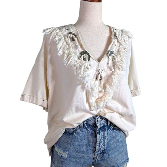 Joanie W. Vintage Southwestern Ivory White Concho Fringe Women’s Oversized Top - Picture 2 of 11
